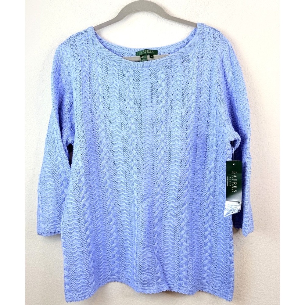 Lauren Ralph Lauren Cable‎ Knit Sweater Sz 2X Boat Neck Light Blue NWT Coastal